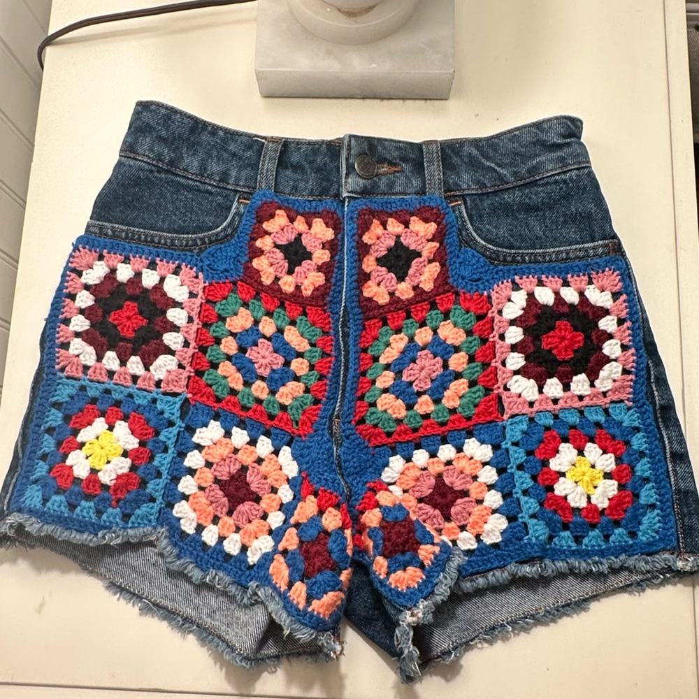 Farm for Anthropology Crochet Denim Shorts
